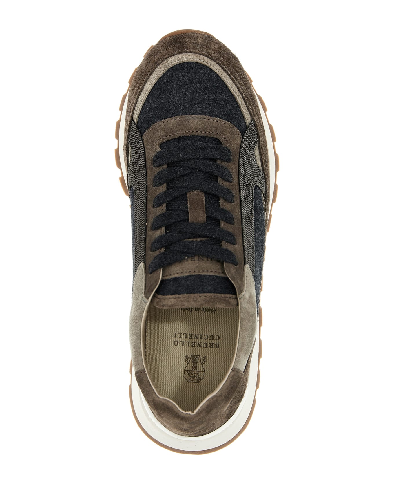 Brunello Cucinelli Suede Runner Sneaker Shoe With Wool Inserts Embellished With Brilliant Monili Detail On The Sides. Closure With Laces - Dark Grey