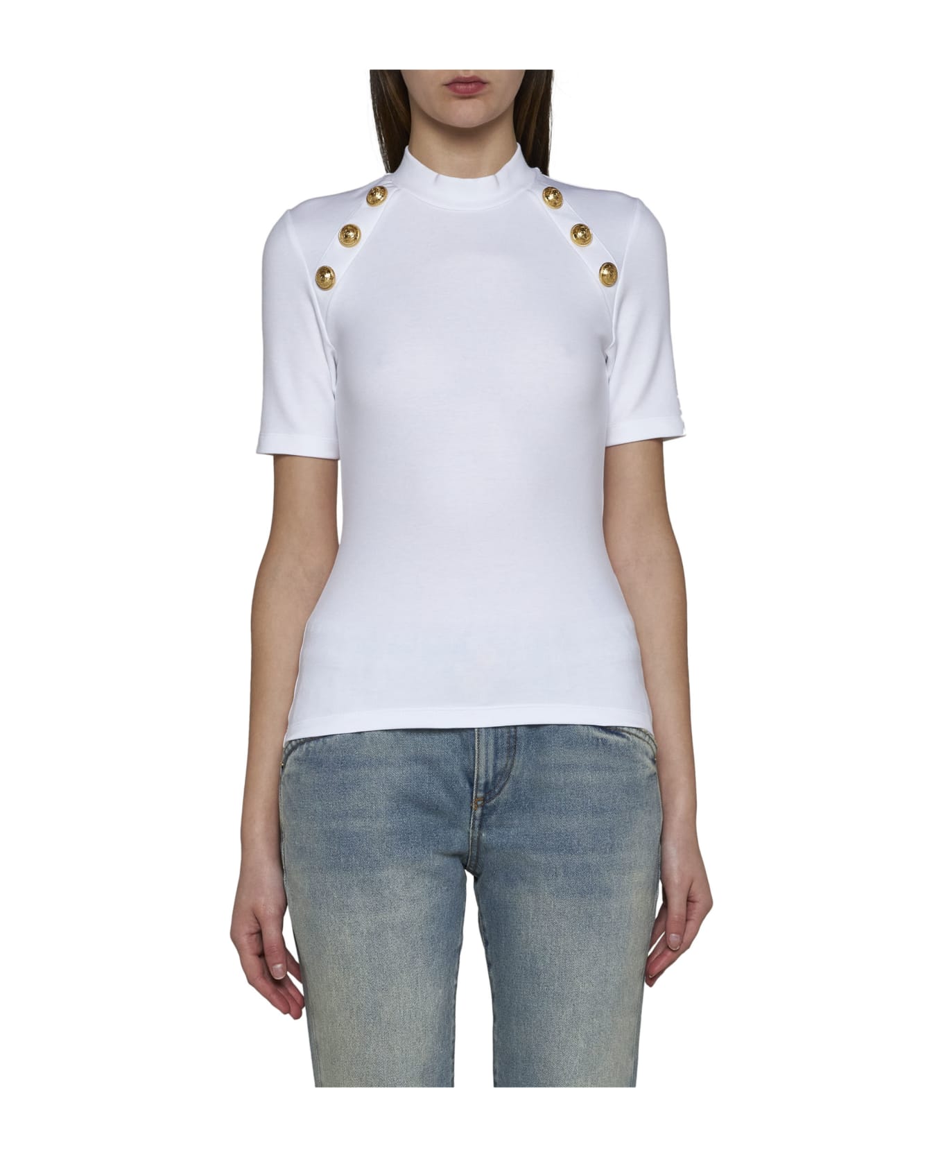 Balmain Button Embellished Slim Fit Top - Blanc Tシャツ