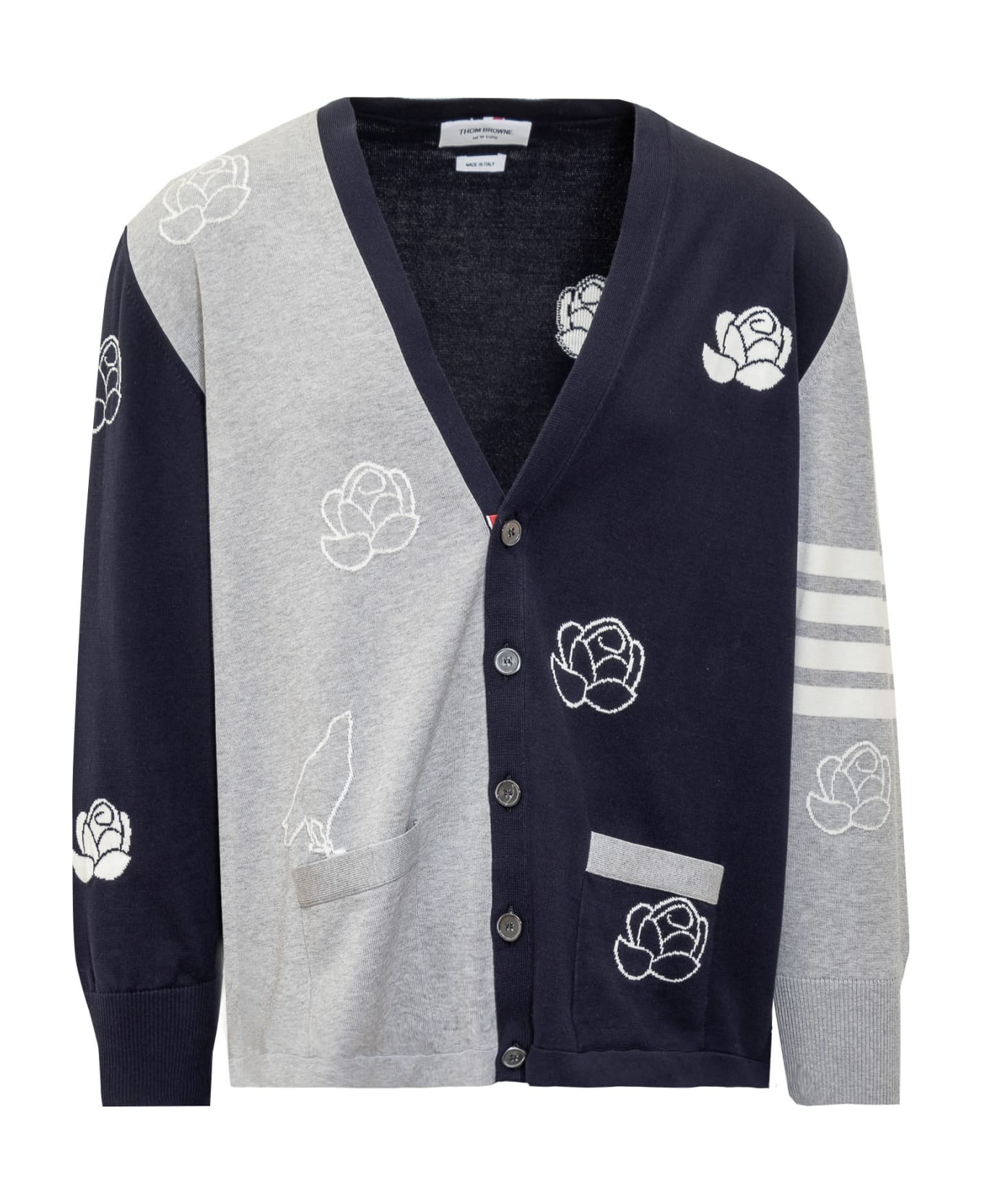 Thom Browne Cotton Birds And Flowers Cardigan - NAVY/GREY