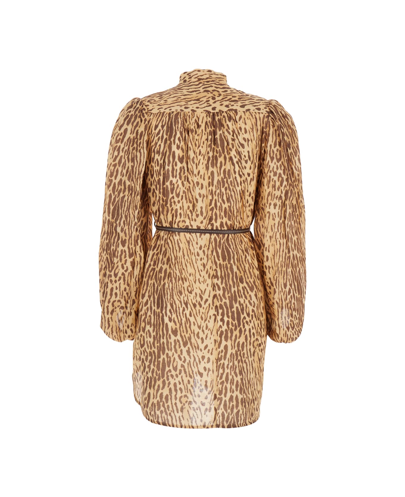 Zimmermann 
cascadian
 Beige Tunic Dress With Stand-up Collar And All-over Leopard Print In Linen Woman - Beige