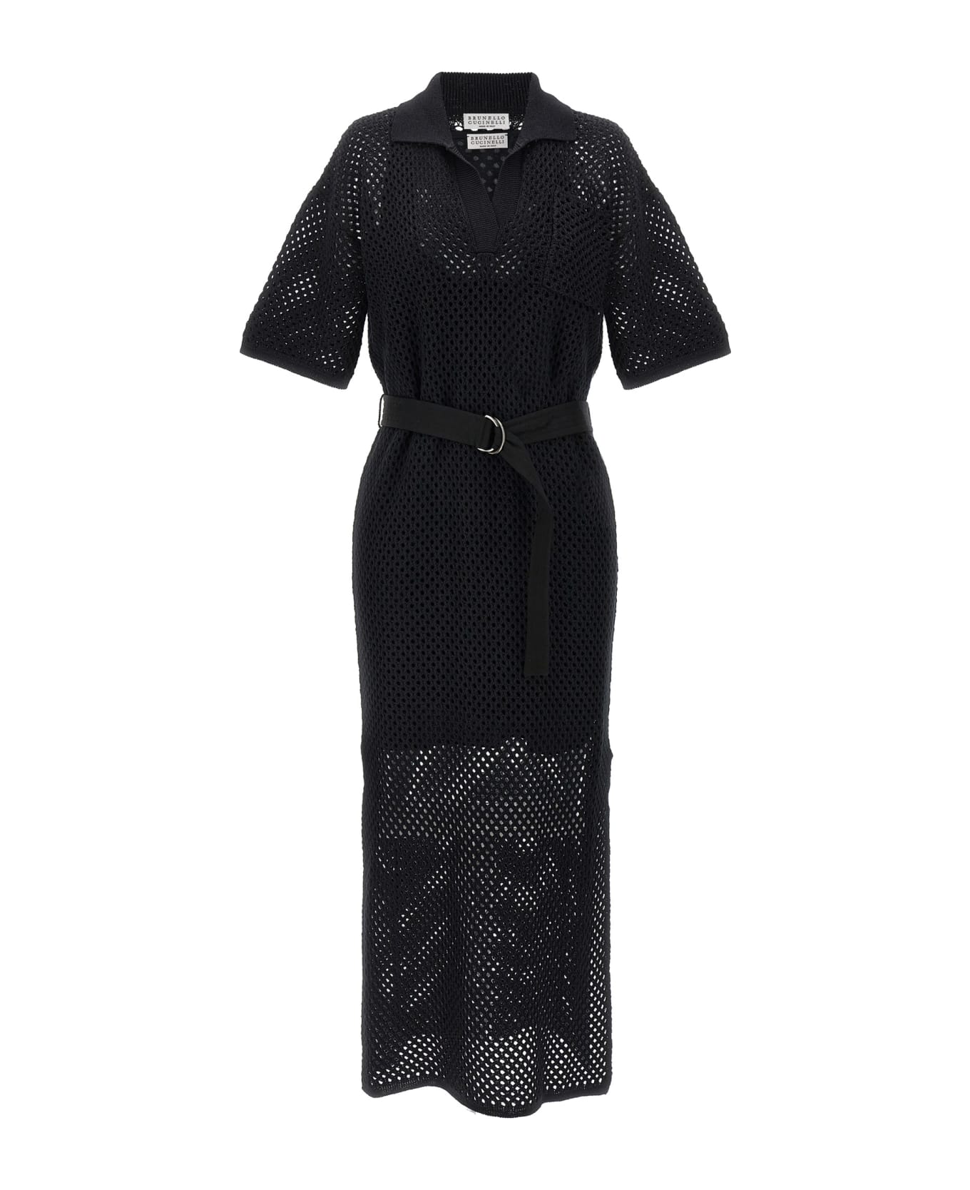 Brunello Cucinelli Openwork Cotton Knit Polo Dress - Black ワンピース＆ドレス