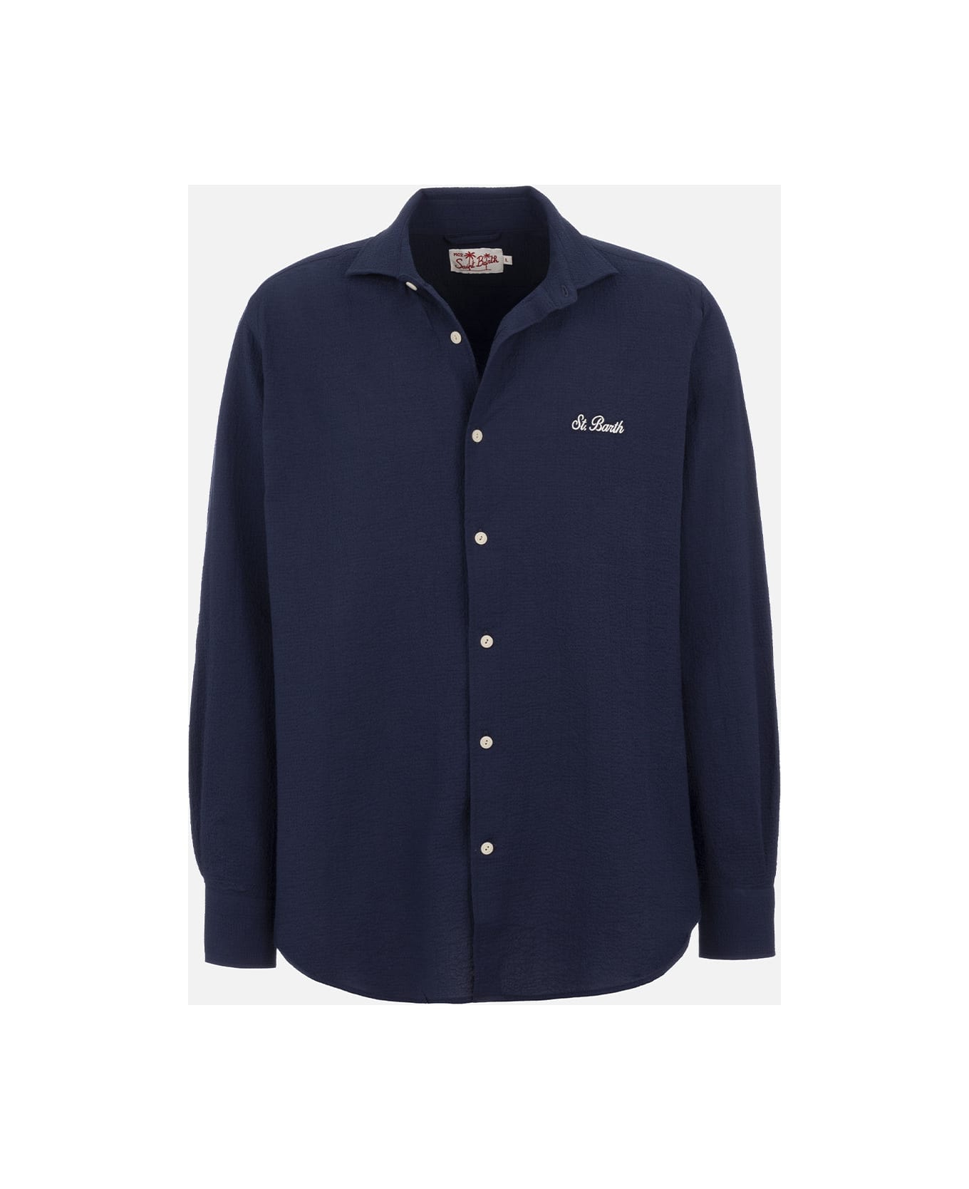 MC2 Saint Barth Man Seersucker Blue Cotton Shirt Pamplona - BLUE