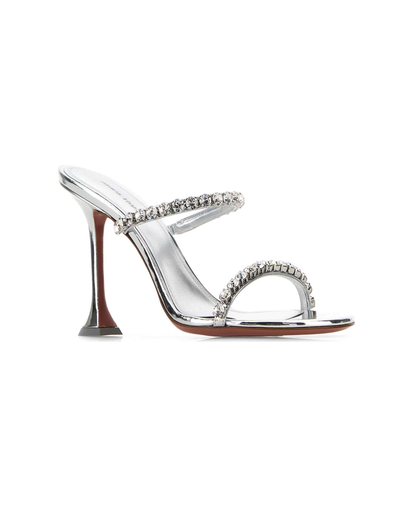 Amina Muaddi Silver Leather Gigi Mules - MIRRORSILVERWHITECRYSTAL