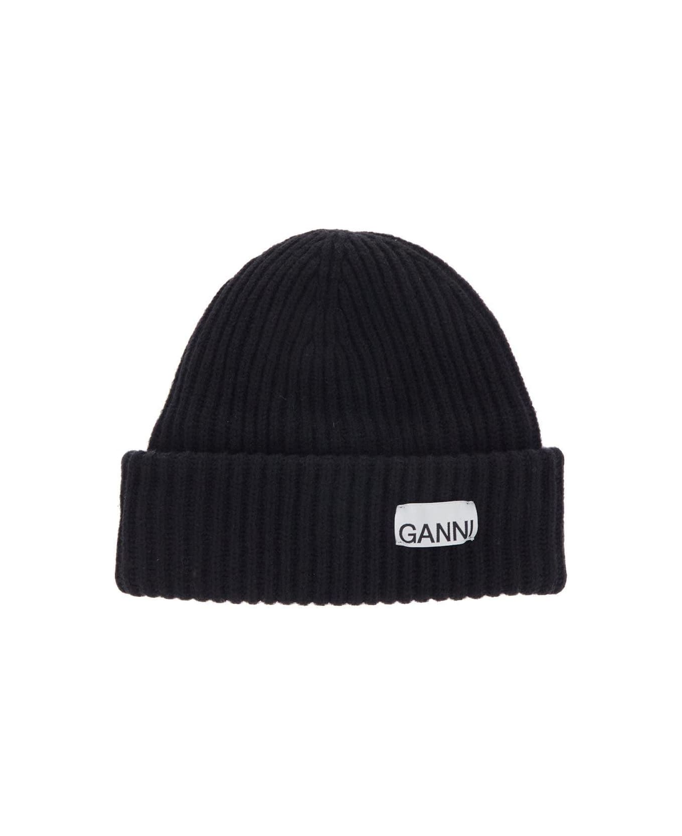 Ganni Black Logo Beanie - BLACK