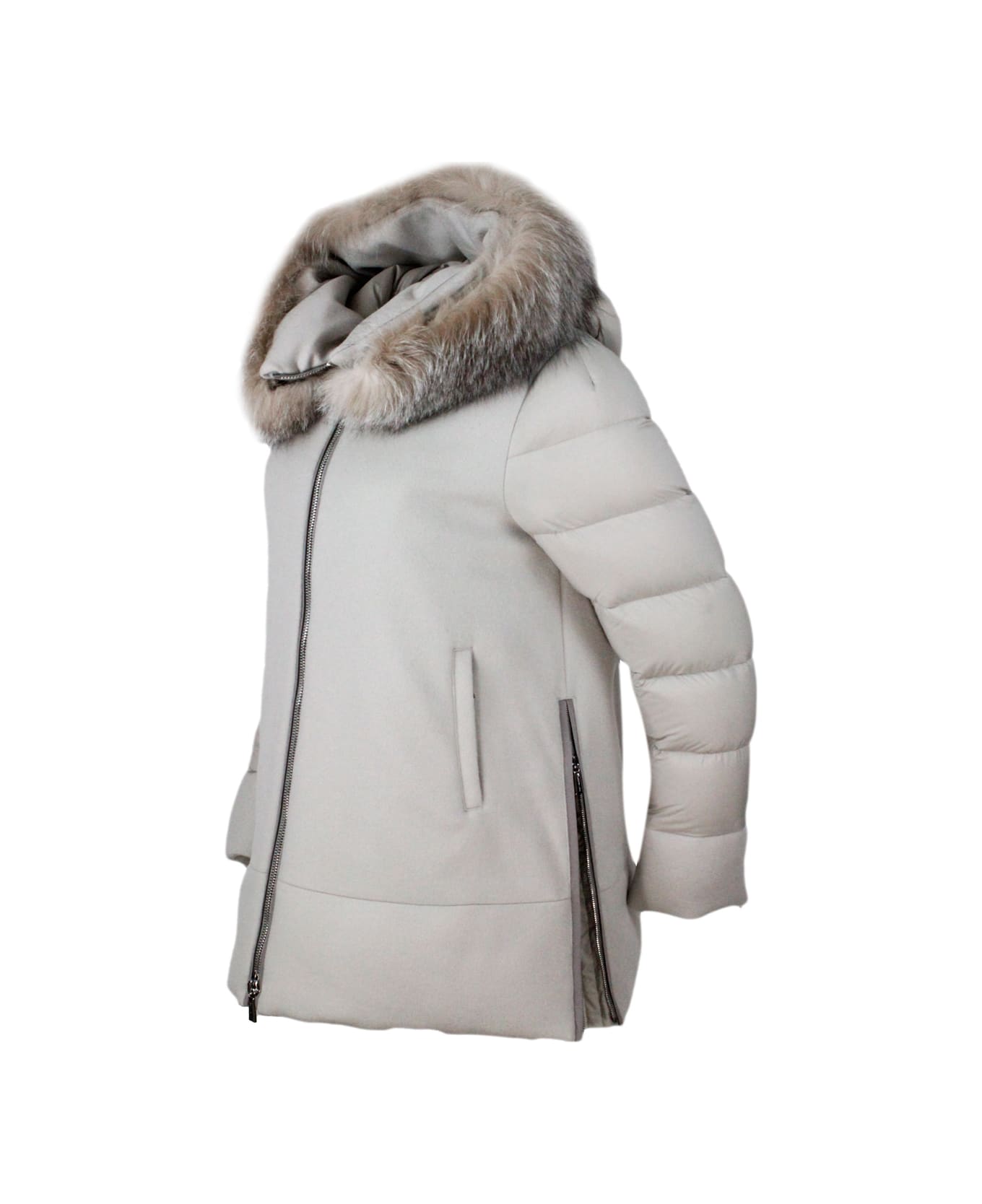 Moorer Down Quilted Wool And Cashmere Jacket With Nylon Sleeves And Hood With Detachable Fox Fur - Marble
