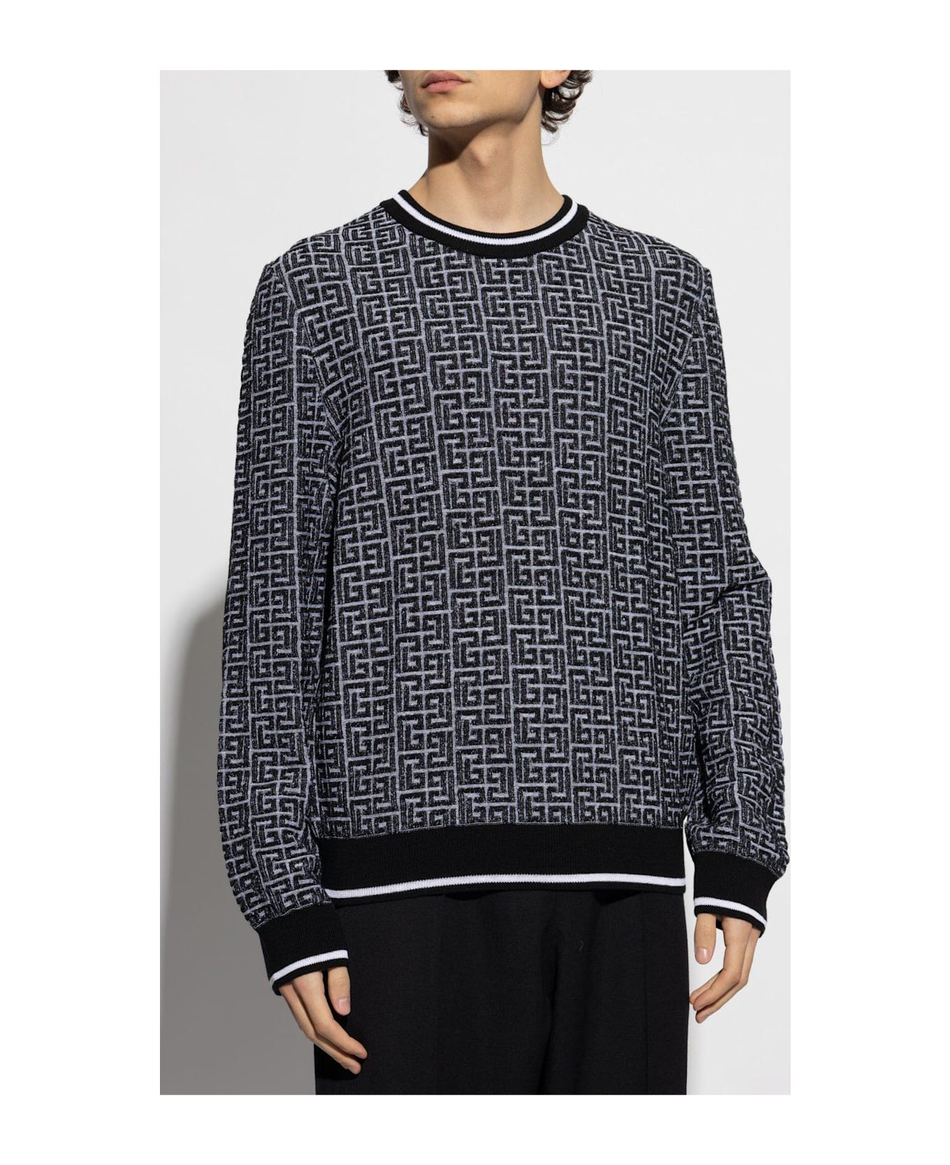 Balmain Monogrammed Jacquard Knit Sweater - BLACK/GREY