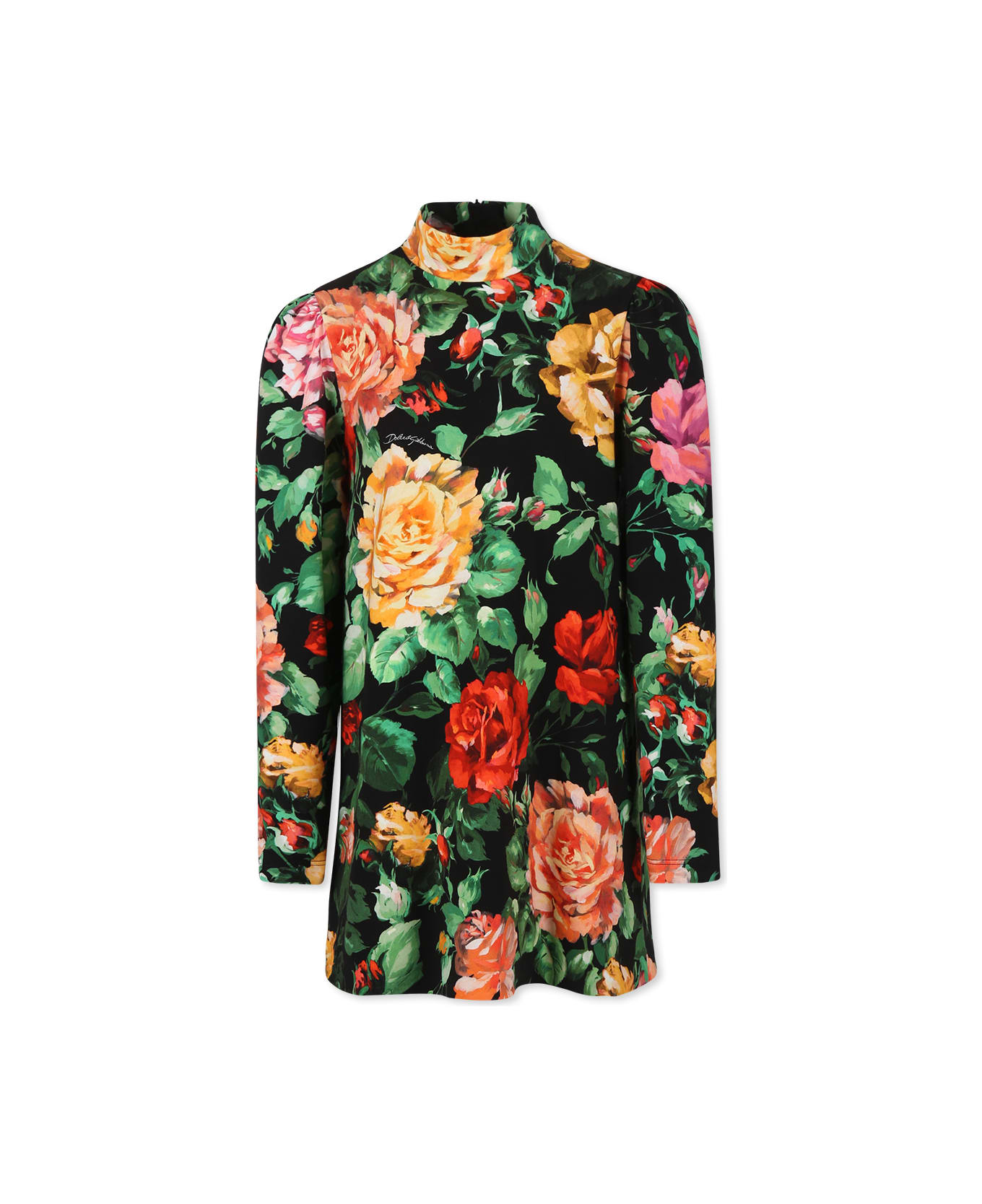 Dolce & Gabbana Black Dress For Girl With Flower Print - MultiColour