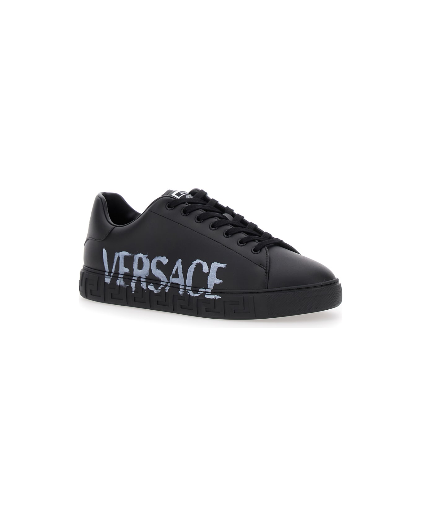 Versace 'new Greca' Black Low Sneakers With Greca Motif And Lettering Logo On The Side In Eco-leather Man - Black