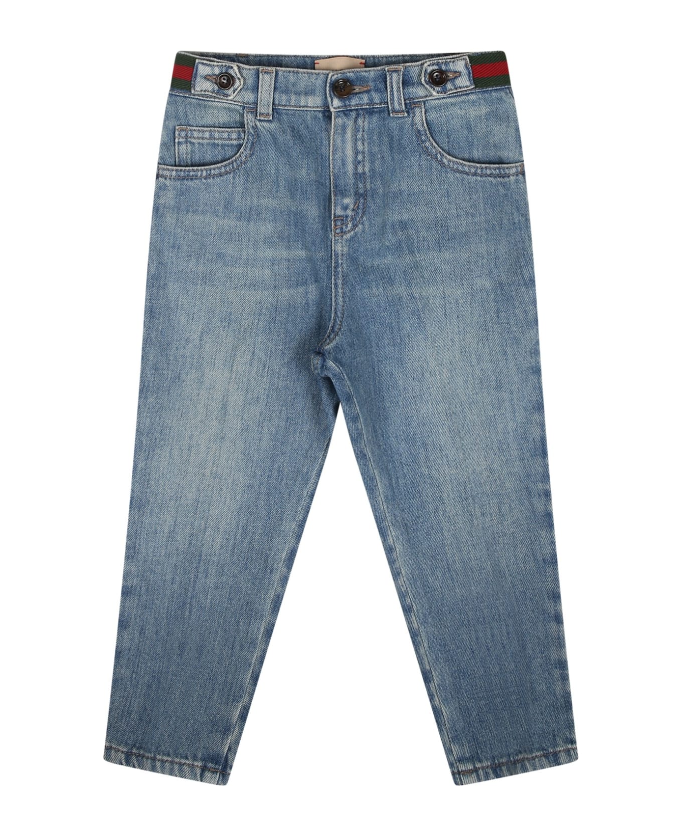 Gucci Blue Jeans For Baby Boy With Web Detail - Denim ボトムス