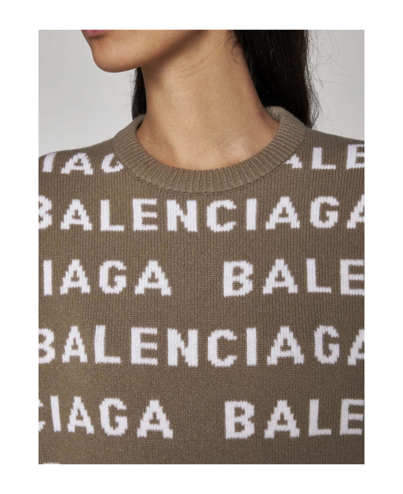 Balenciaga Logo Wool Cropped Sweater - Beige