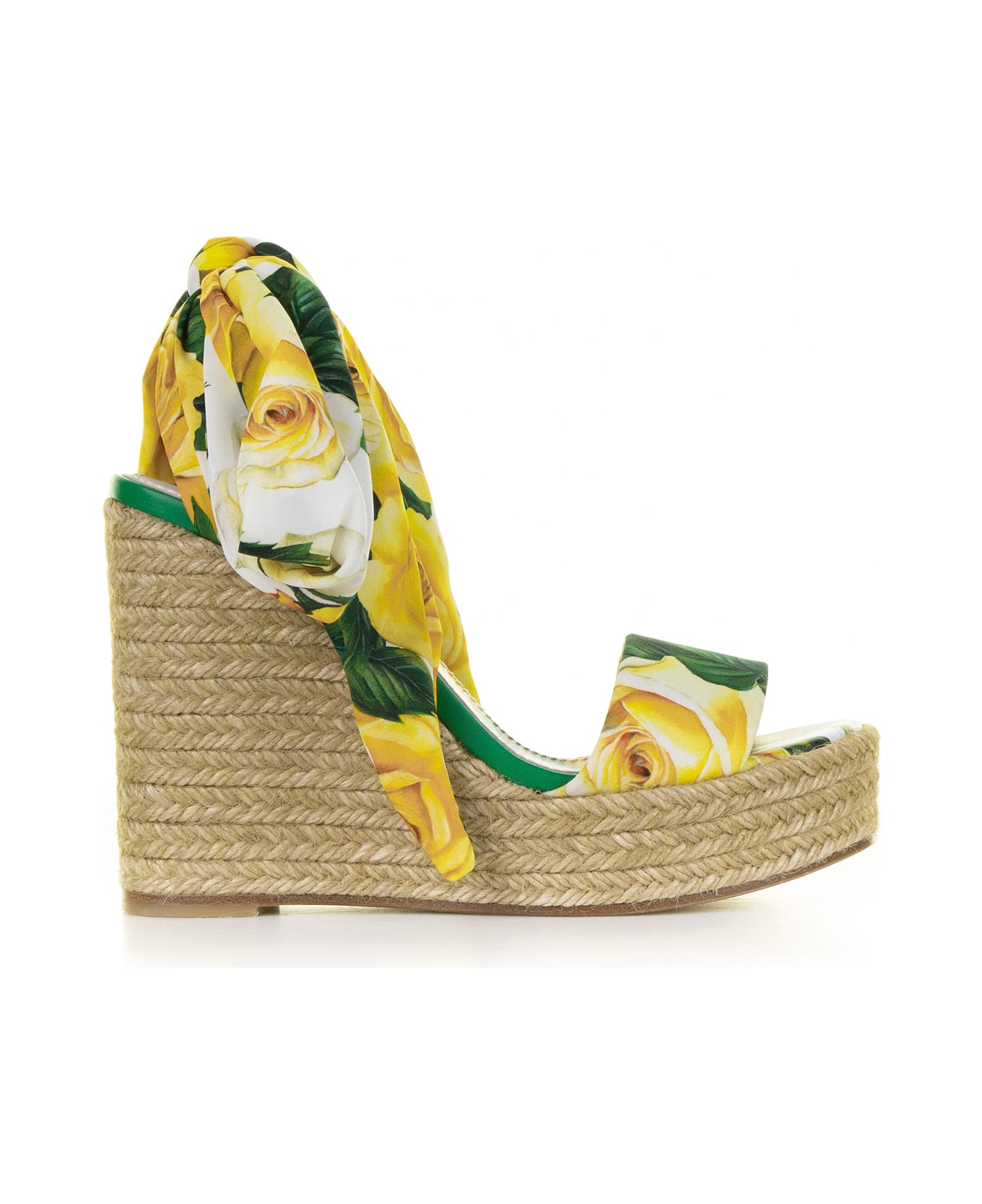 Dolce & Gabbana Flower Patterned Wedge With Ankle Laces - ROSE GIALLE FONDO BIANCO