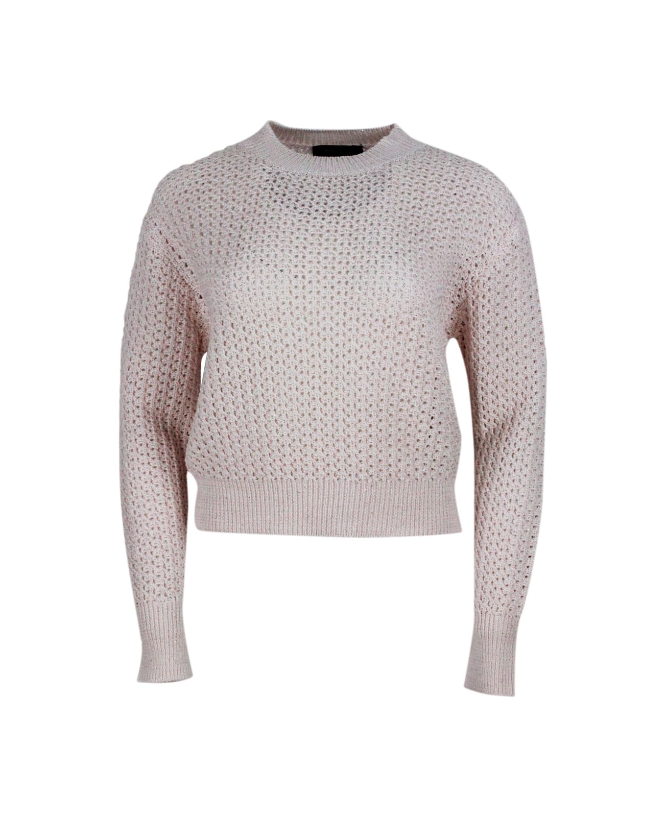 Fabiana Filippi Long-sleeved Crew-neck Sweater In Cotton And Linen With Loose-weave Workmanship With Microsequins - Pink