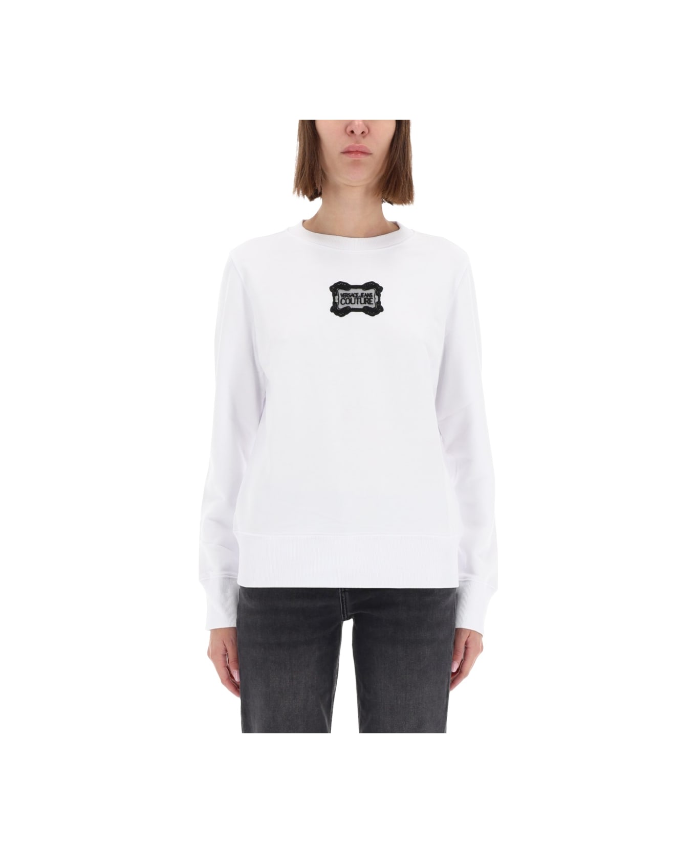 Versace Jeans Couture Sweatshirt With "baroque" Logo Patch - WHITE