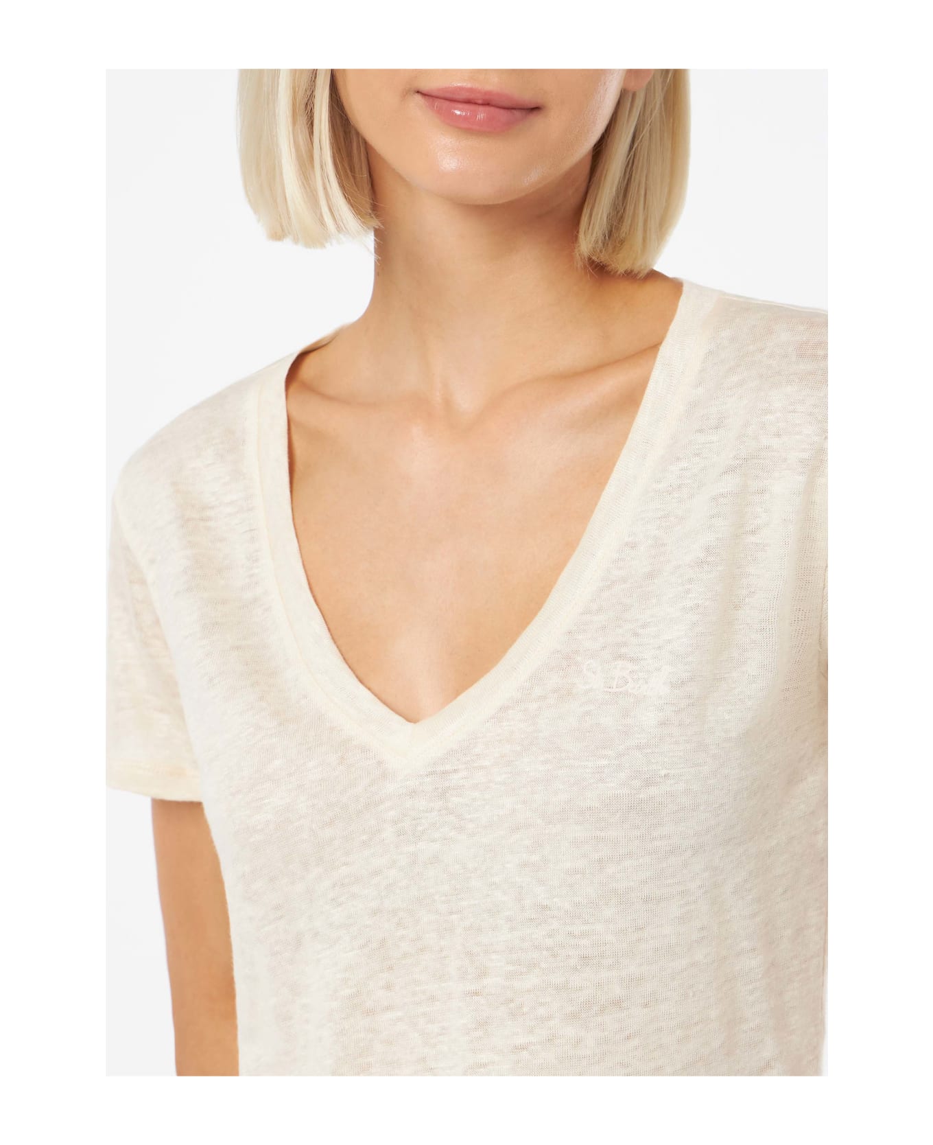 MC2 Saint Barth Linen Jersey Off-white V-neck T-shirt Eloise - WHITE