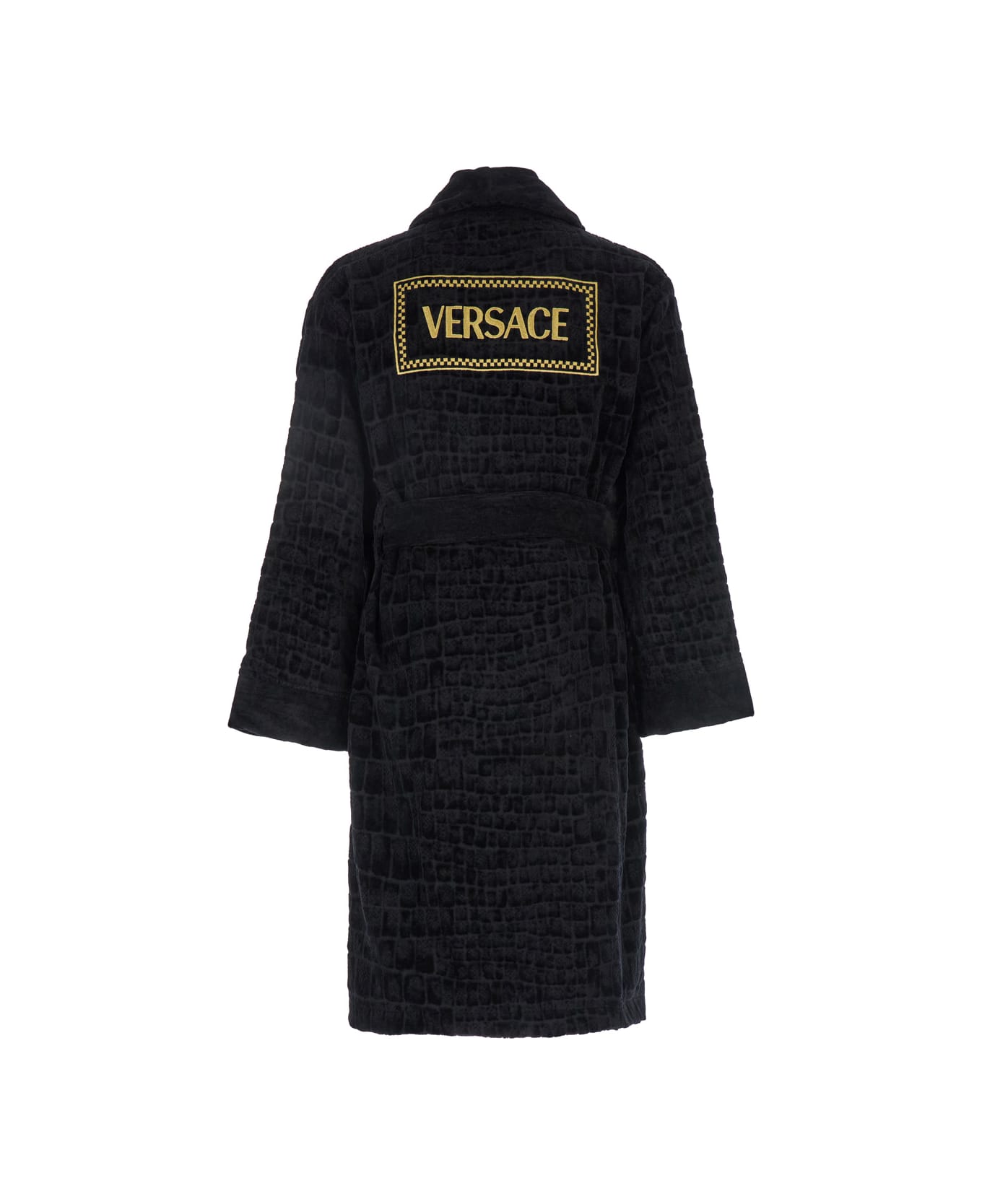 Versace Black Bathrobe With Medusa Plaque On The Front And Maxi Logo On The Back In Cotton Home - Black