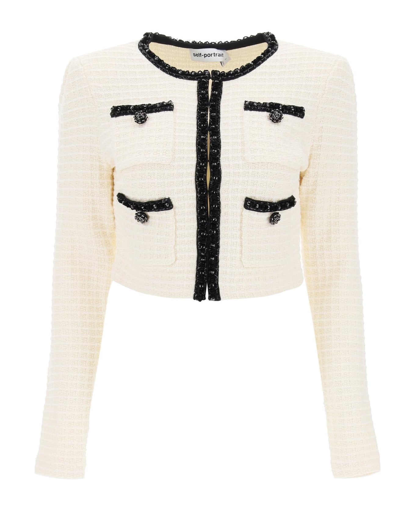 self-portrait Cropped Cardigan With Sequin Trims - CREAM (White)
