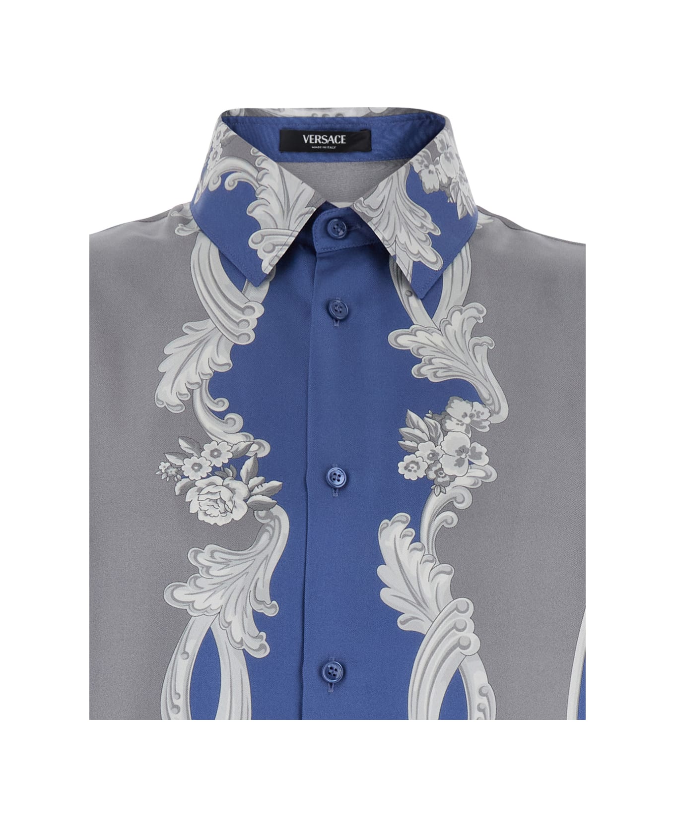 Versace Blue Shirt With Maxi Medusa Print On The Back And Baroque Pattern In Silk Man - Blu