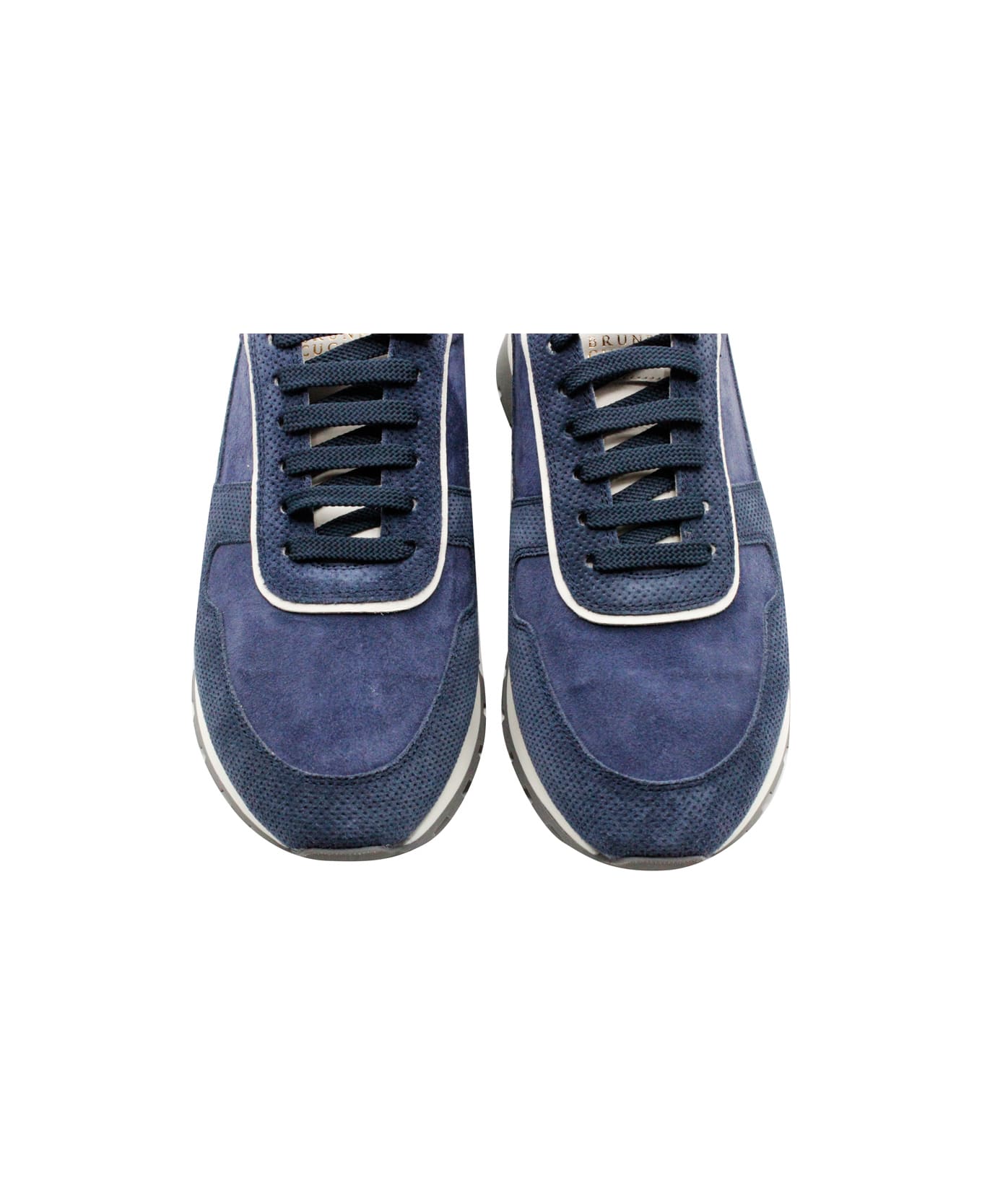 Brunello Cucinelli Runner Sneaker In Leather And Washed Punched Suede With Laces And Light Sole - Blu