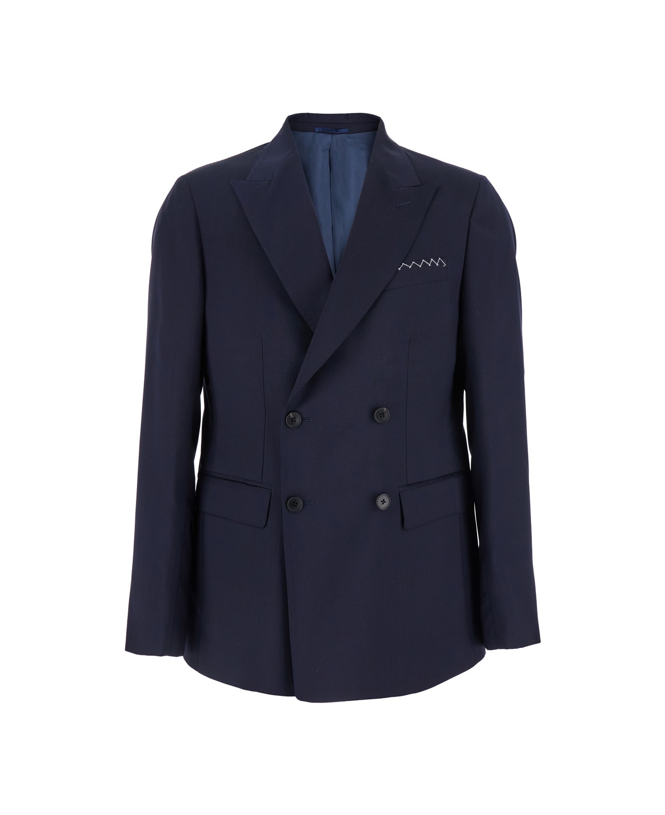 Low Brand Blue Double-breasted Jacket With Peak Revers And Embroidery Detail On The Front In Wool Man - Blu
