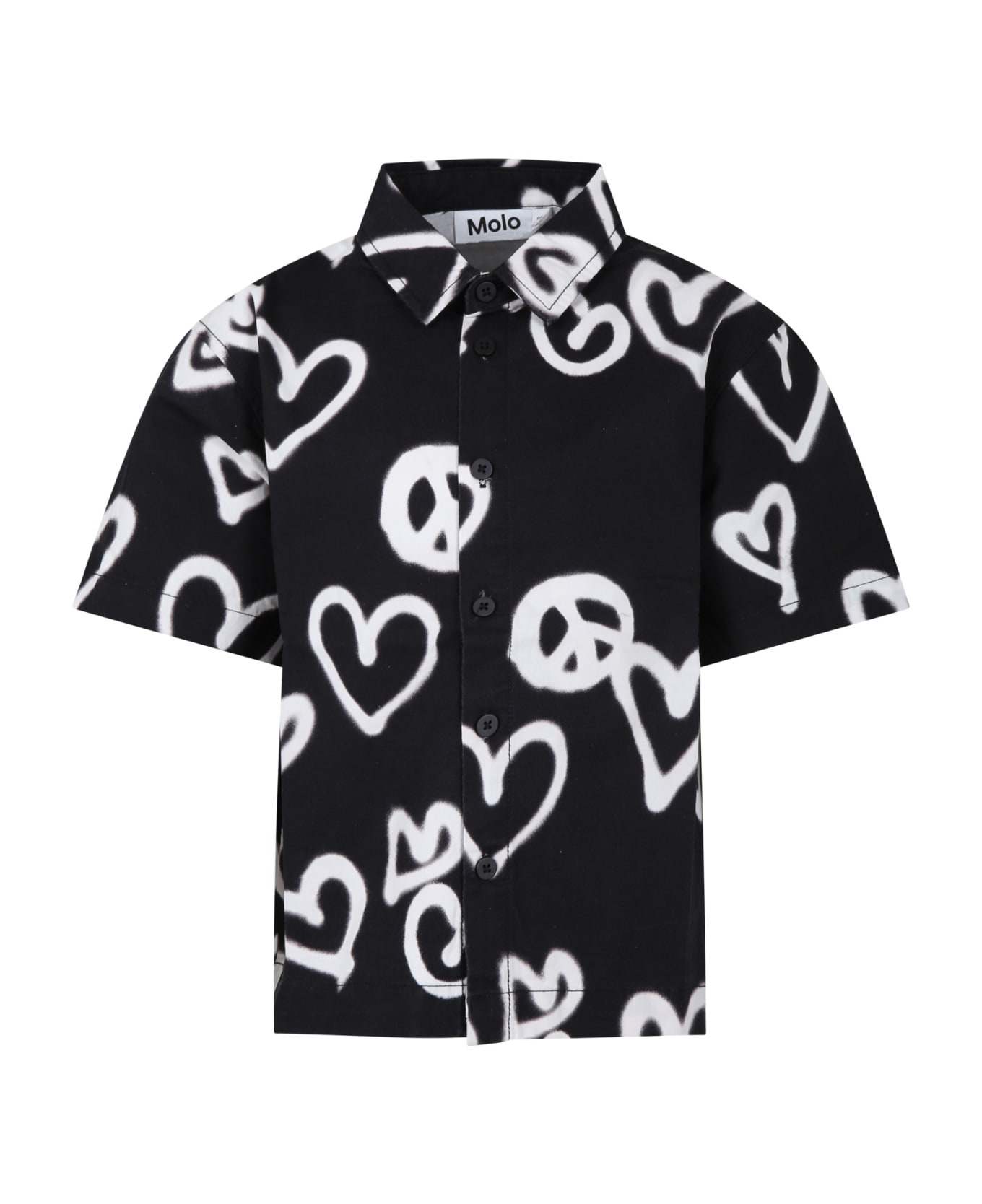 Molo Black Shirt For Boy With White Hearts - Black
