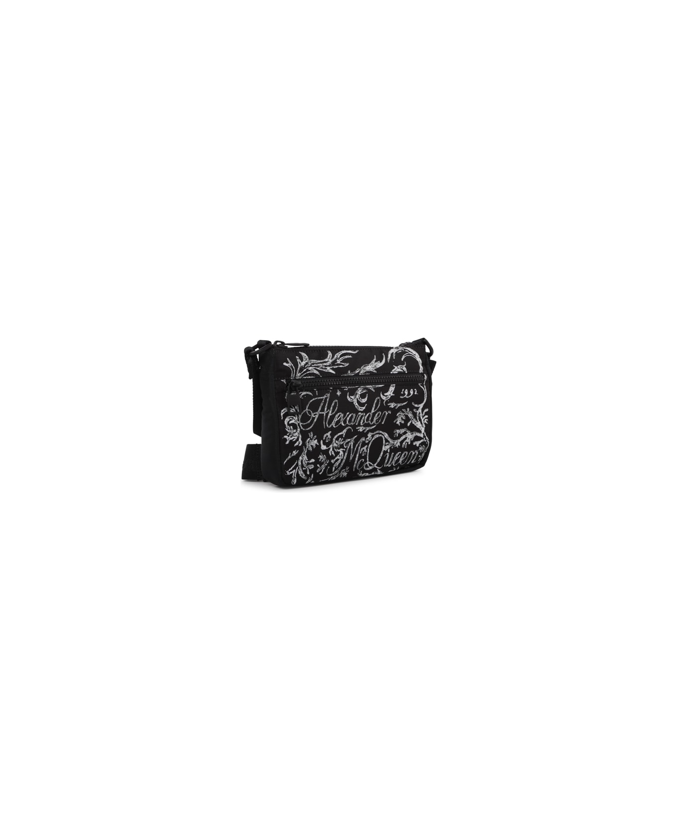 Alexander McQueen Shoulder Bag In Nylon With Blake Painted Logo In Contrast - Black/ white