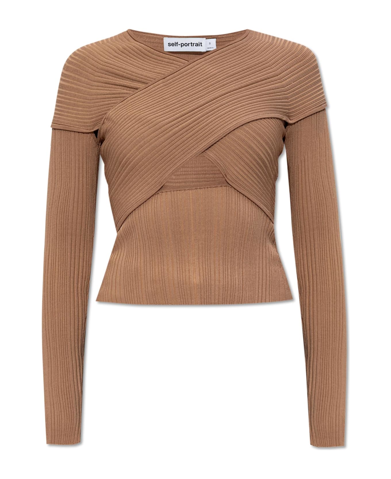 self-portrait Self Portrait Ribbed Top With Long Sleeves - Beige