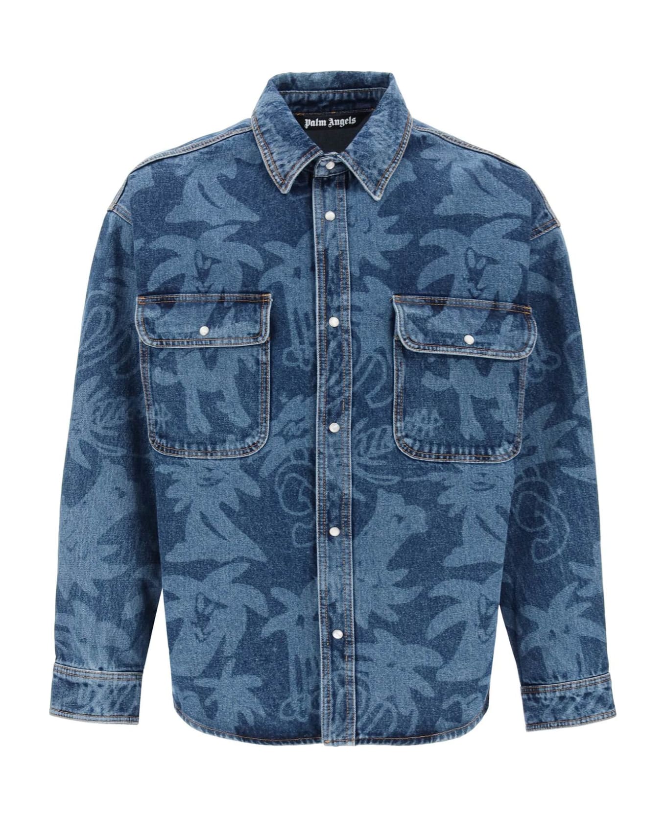 Palm Angels 'palmity' Overshirt In Denim With Laser Print All-over - DENIM BLUE