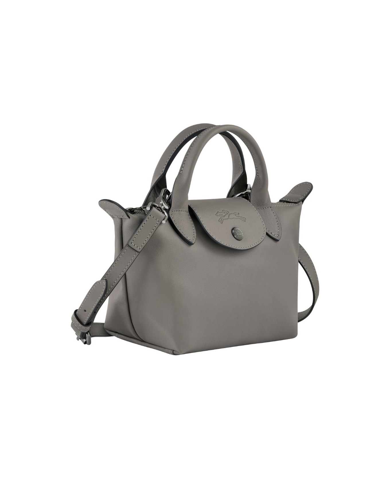 Longchamp 'le Pliage Xtra' Grey Shoulder Bag With Engraved Logo On The Front In Leather Woman - Grey