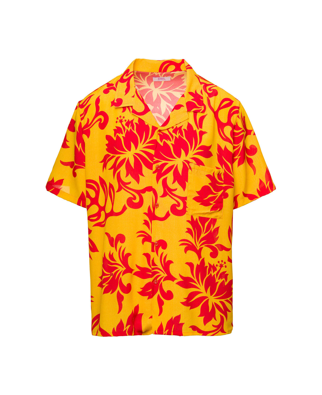 ERL Orange Bowling Shirt With Tropical Flowers Print In Viscose - Multicolor