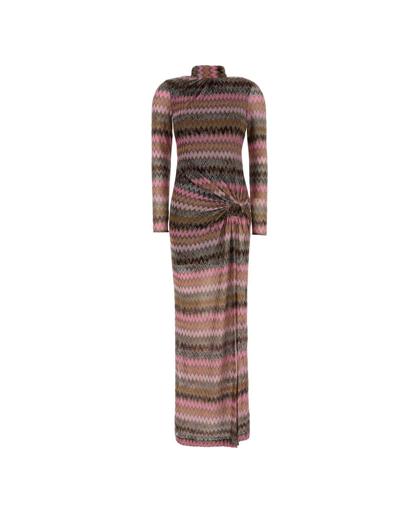 Missoni Long-sleeved Cut-out Chevron Maxi Dress - PINK/BLACK