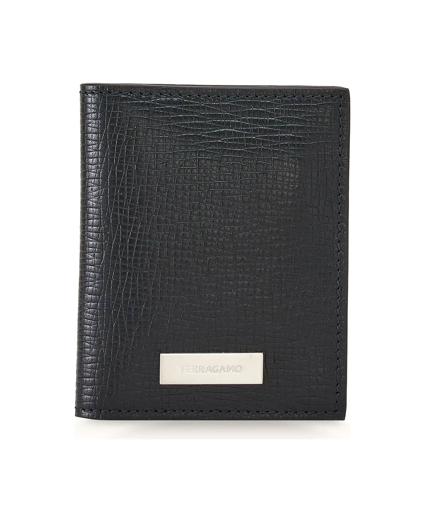 Ferragamo Hammered Calfskin Leather Card Holder - Black
