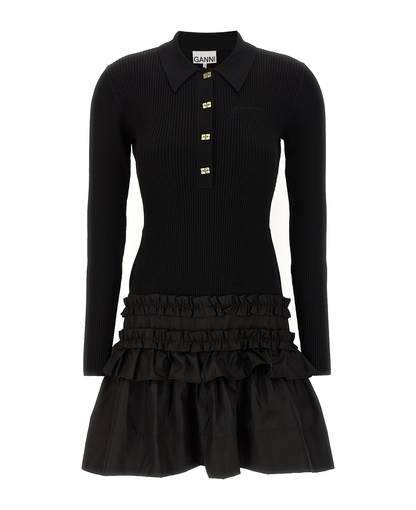 Ganni 
melange Rib Knit Mini
 Dress - Black  