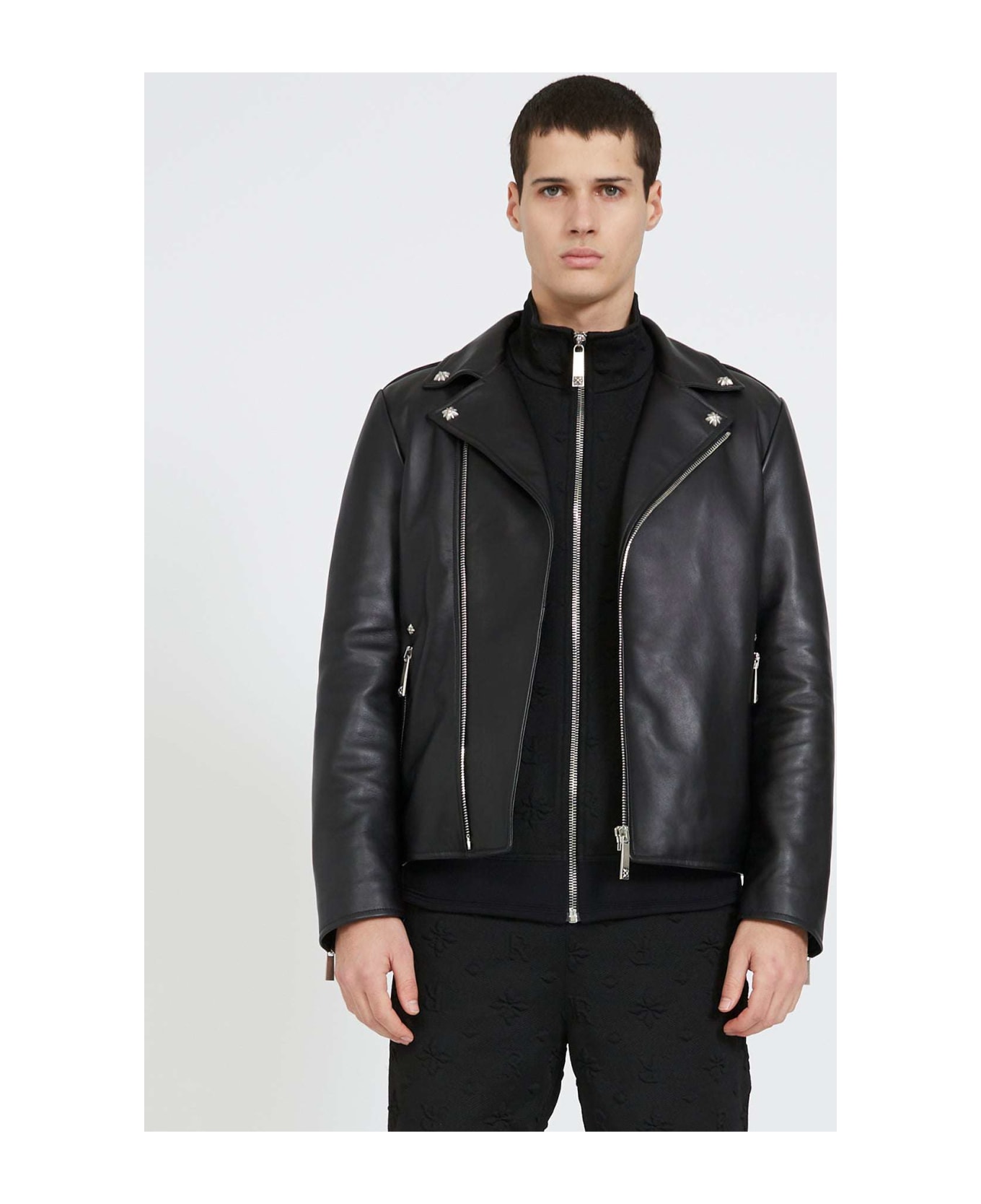 John Richmond Leather Jacket With Print On The Back - Nero