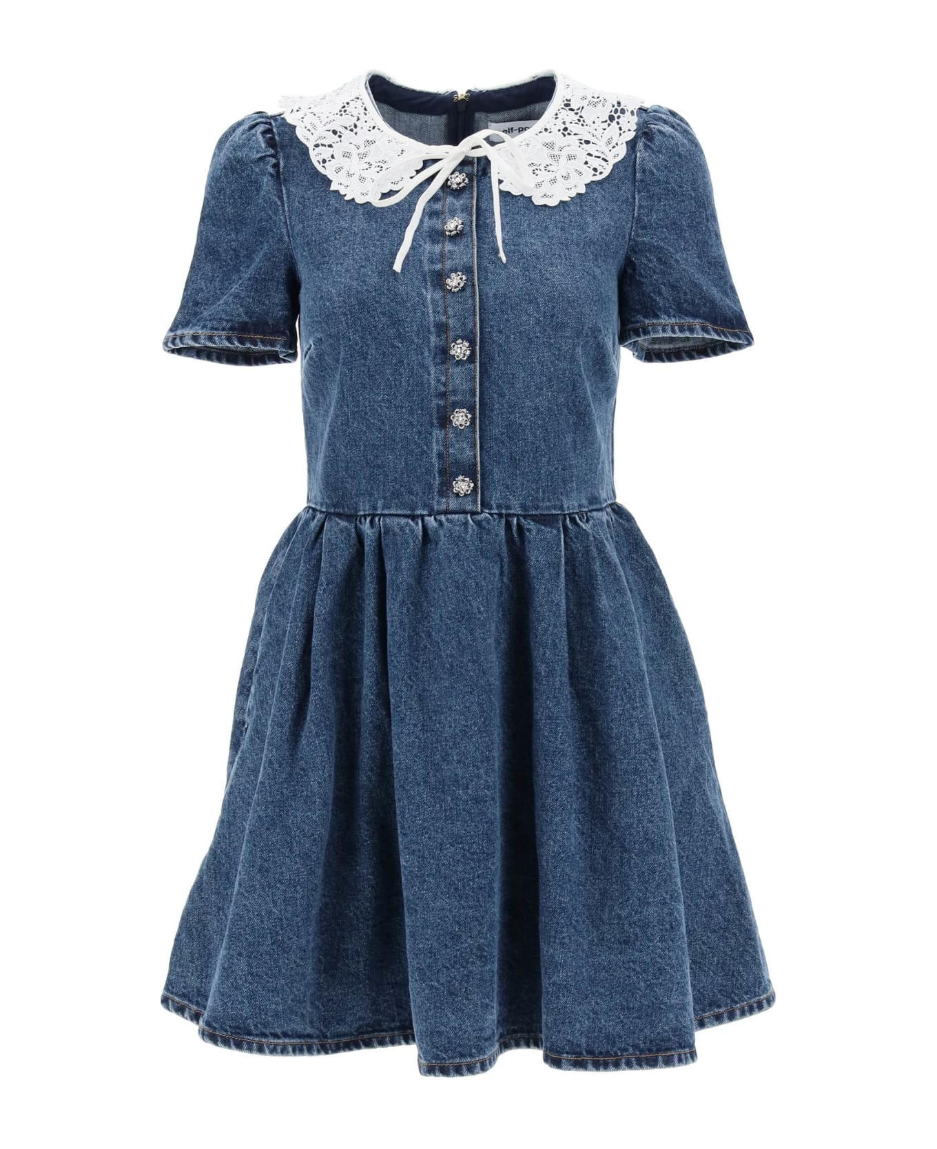 self-portrait Denim Mini Dress With Lace Collar And Jewel Buttons - Bl Blue