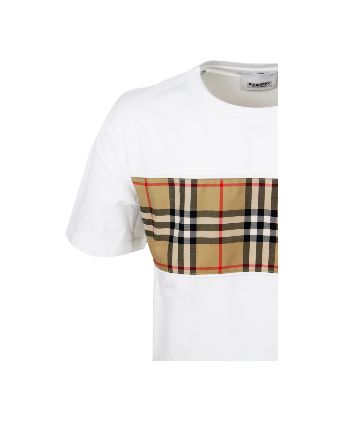 Burberry Crew Neck T-shirt In Cotton Jersey With Classic Check Pattern On The Front - White