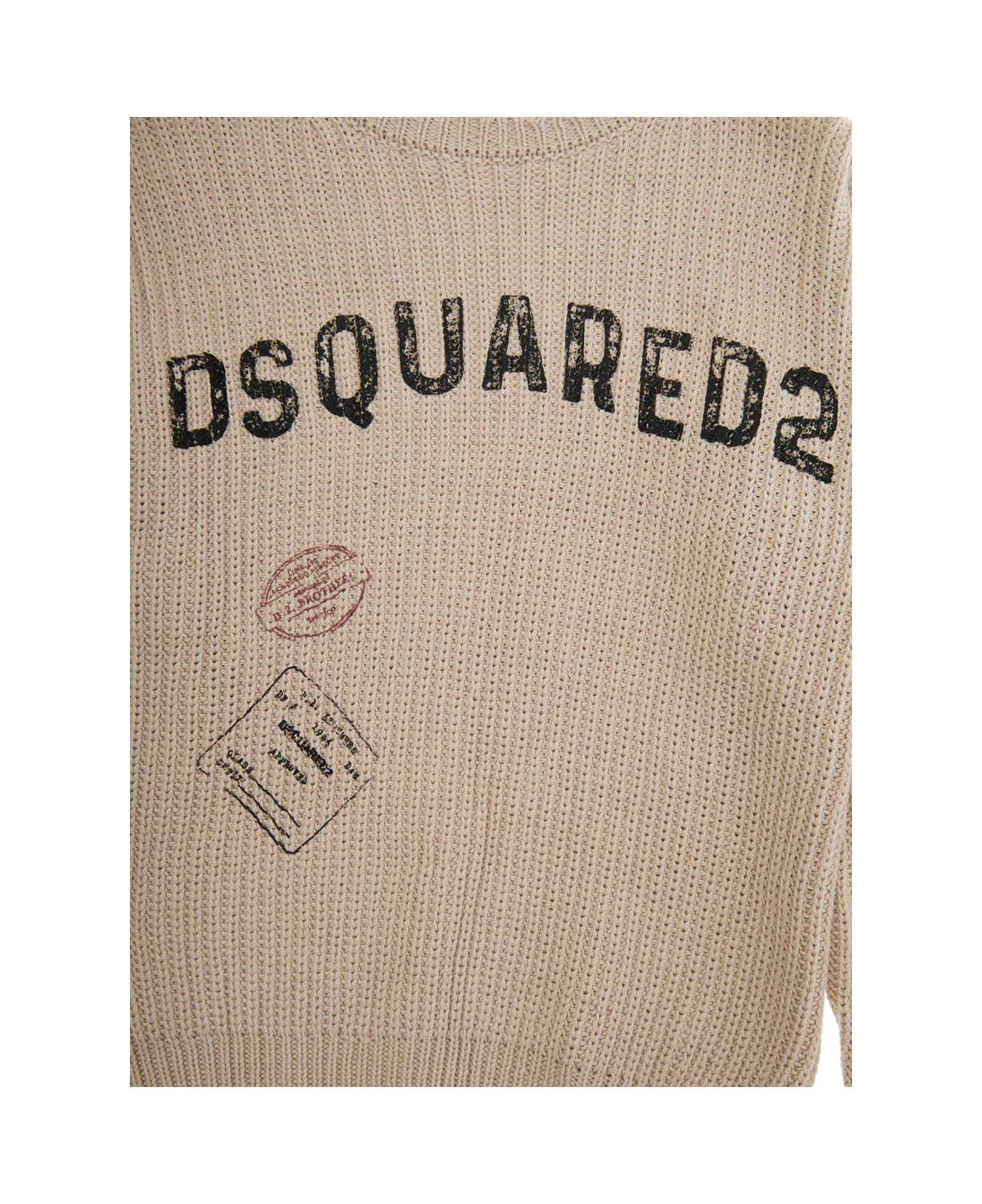 Dsquared2 Beige Crewneck Sweater With Logo Lettering On The Front And Embroidery On The Front In Cotton Boy - Grey