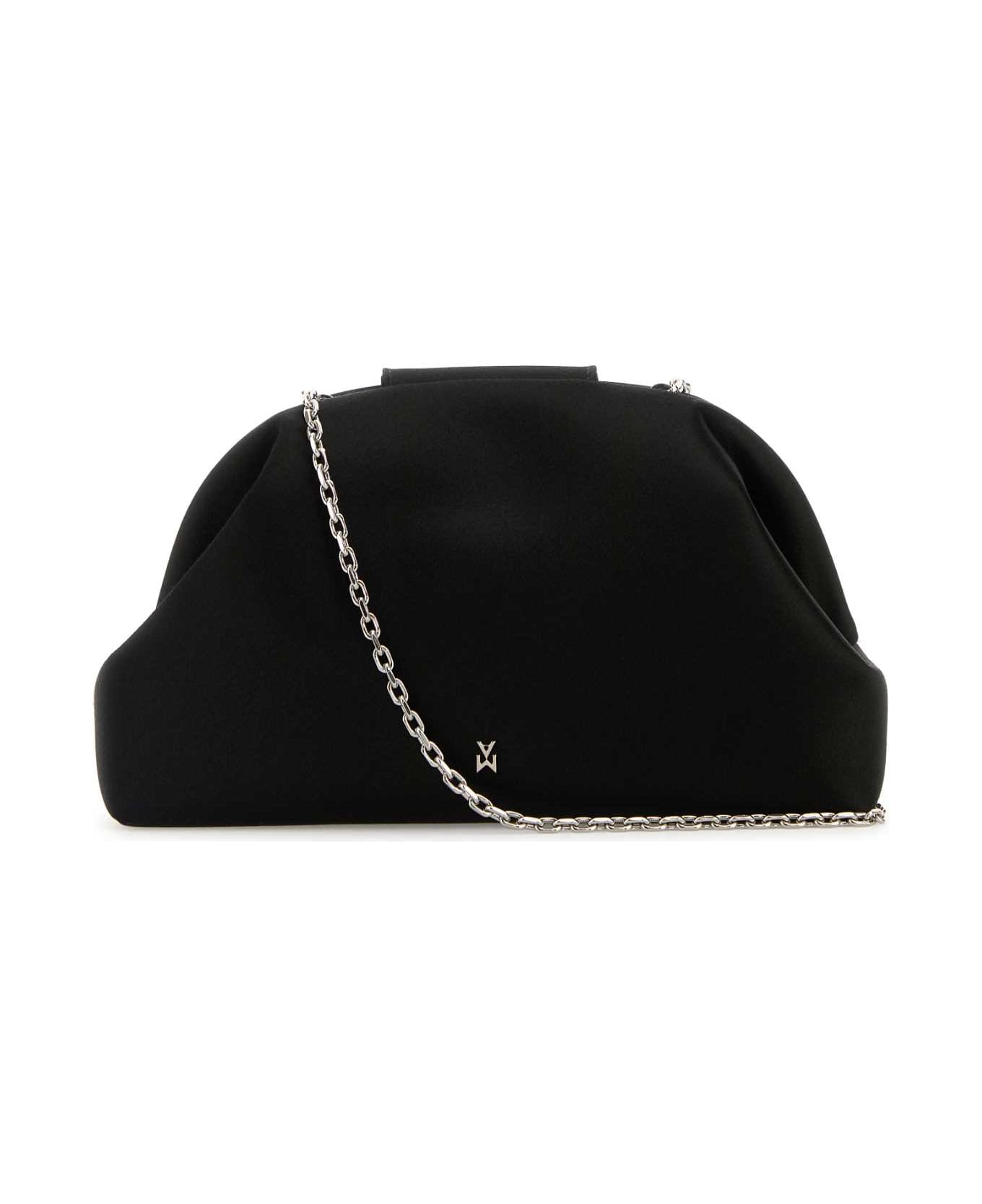 Amina Muaddi Black Satin Camelia Clutch - SATINBLACKSILVERHARDWARE