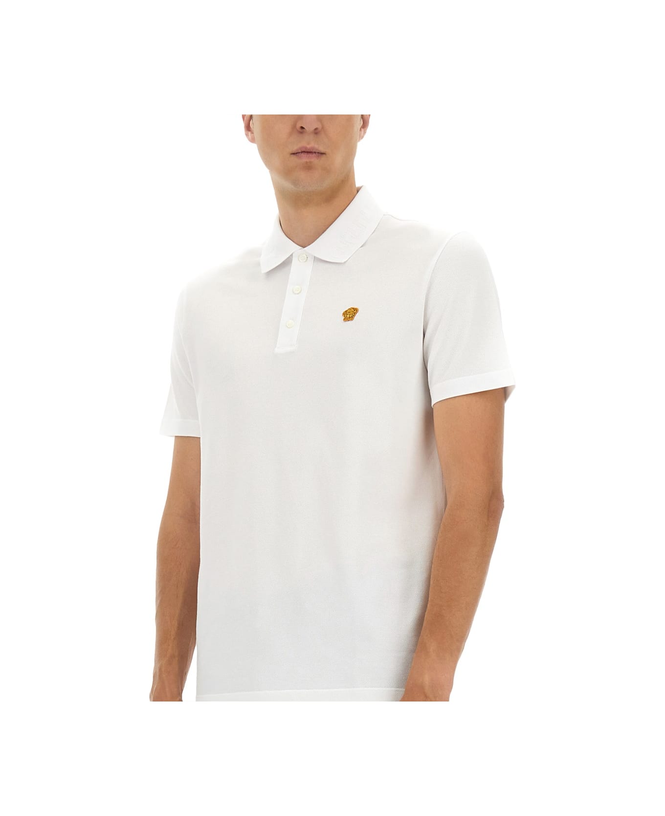 Versace Piquet Polo Shirt With Embroidery - WHITE