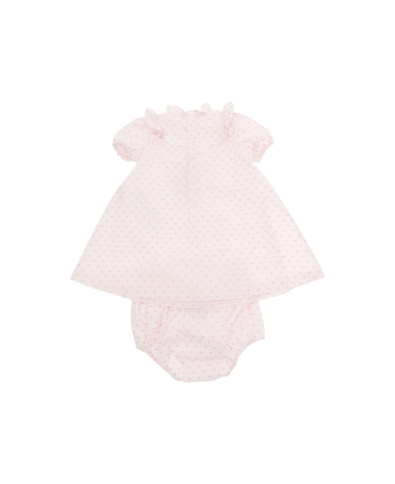 Emporio Armani Pink Set With Flounces And All-over Hearts Print In Cotton Baby - Pink ボディスーツ＆セットアップ
