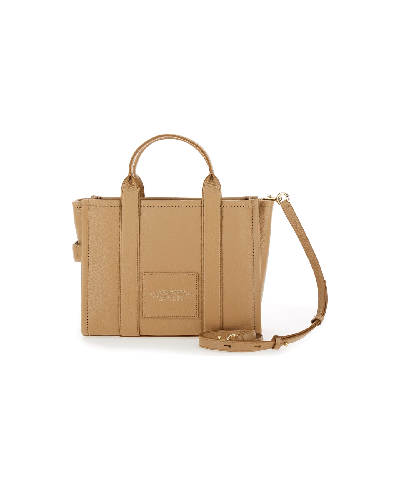 Marc Jacobs 'the Medium Tote Bag' Beige Shoulder Bag With Logo In Grainy Leather Woman - Beige トートバッグ