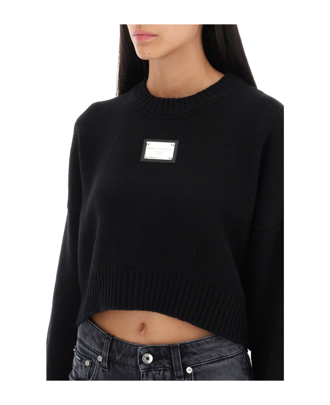 Dolce & Gabbana Logo Plaque Cropped Sweater - Nero ニットウェア