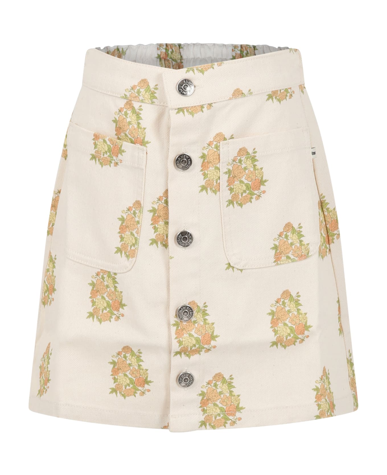 The New Society Ivory Skirt For Girl With All-over Flowers And With Logo - Ivory