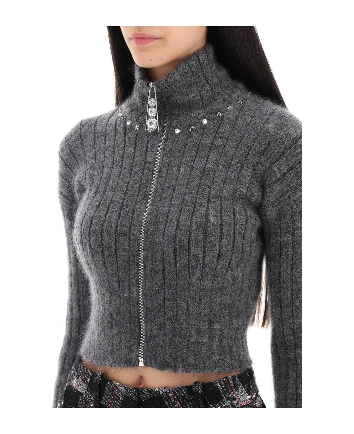 Alessandra Rich Cropped Cardigan With Zipper And Appliques - GREY MELANGE (Grey)