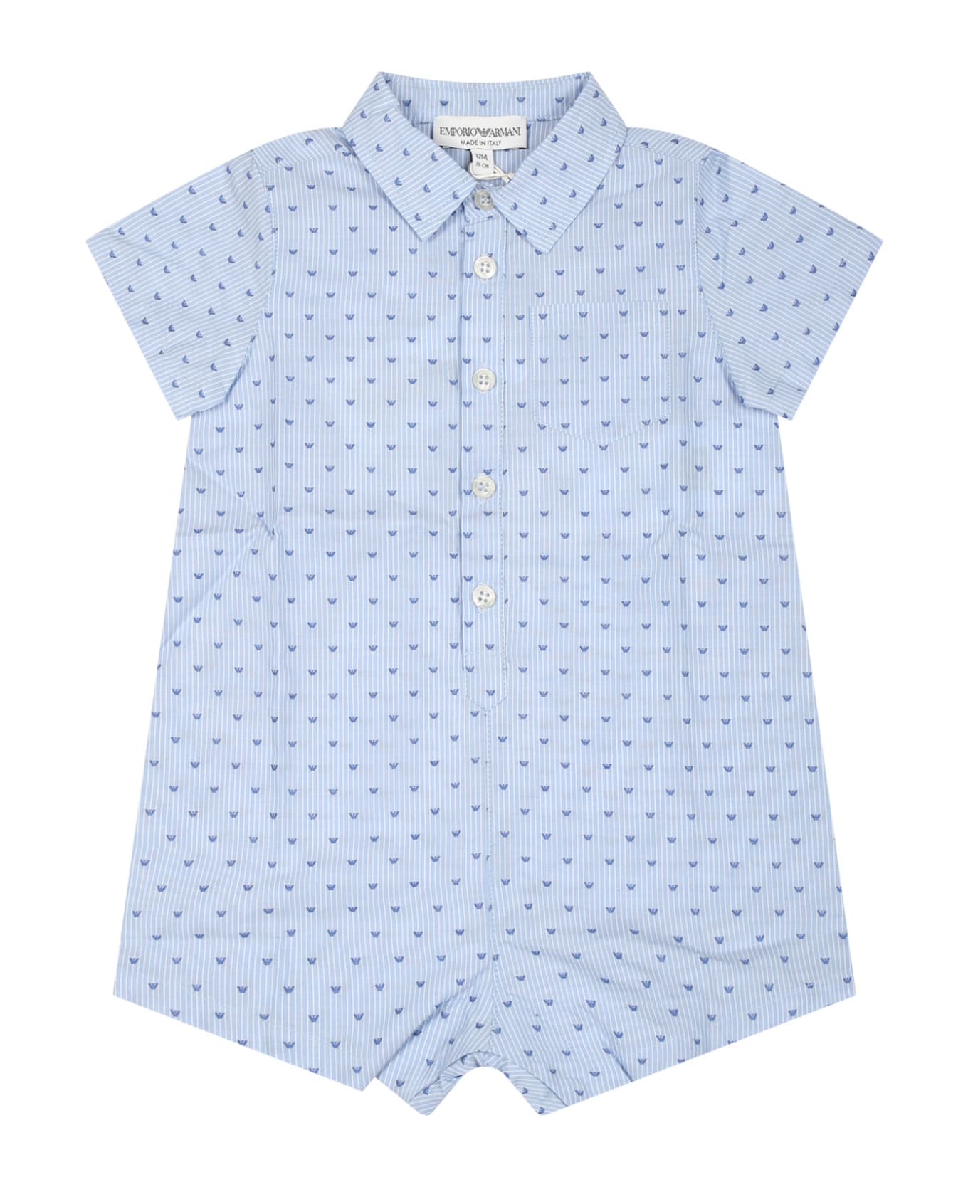 Emporio Armani Light Blue Cotton Romper For Baby Boy With Eagle - Light Blue ボディスーツ＆セットアップ