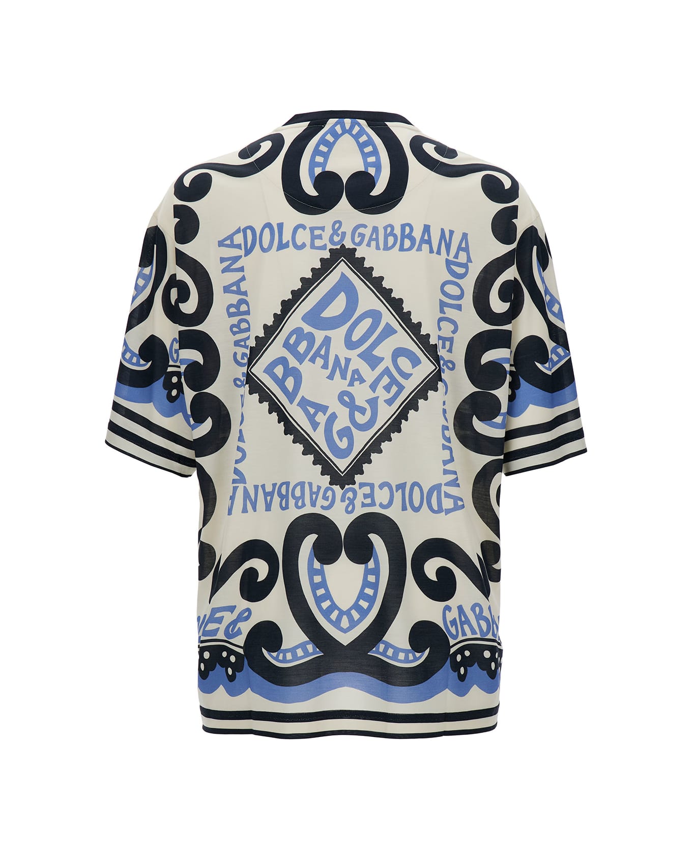 Dolce & Gabbana Light Blue And White Crewneck T-shirt With Marina Print In Silk Man - White シャツ