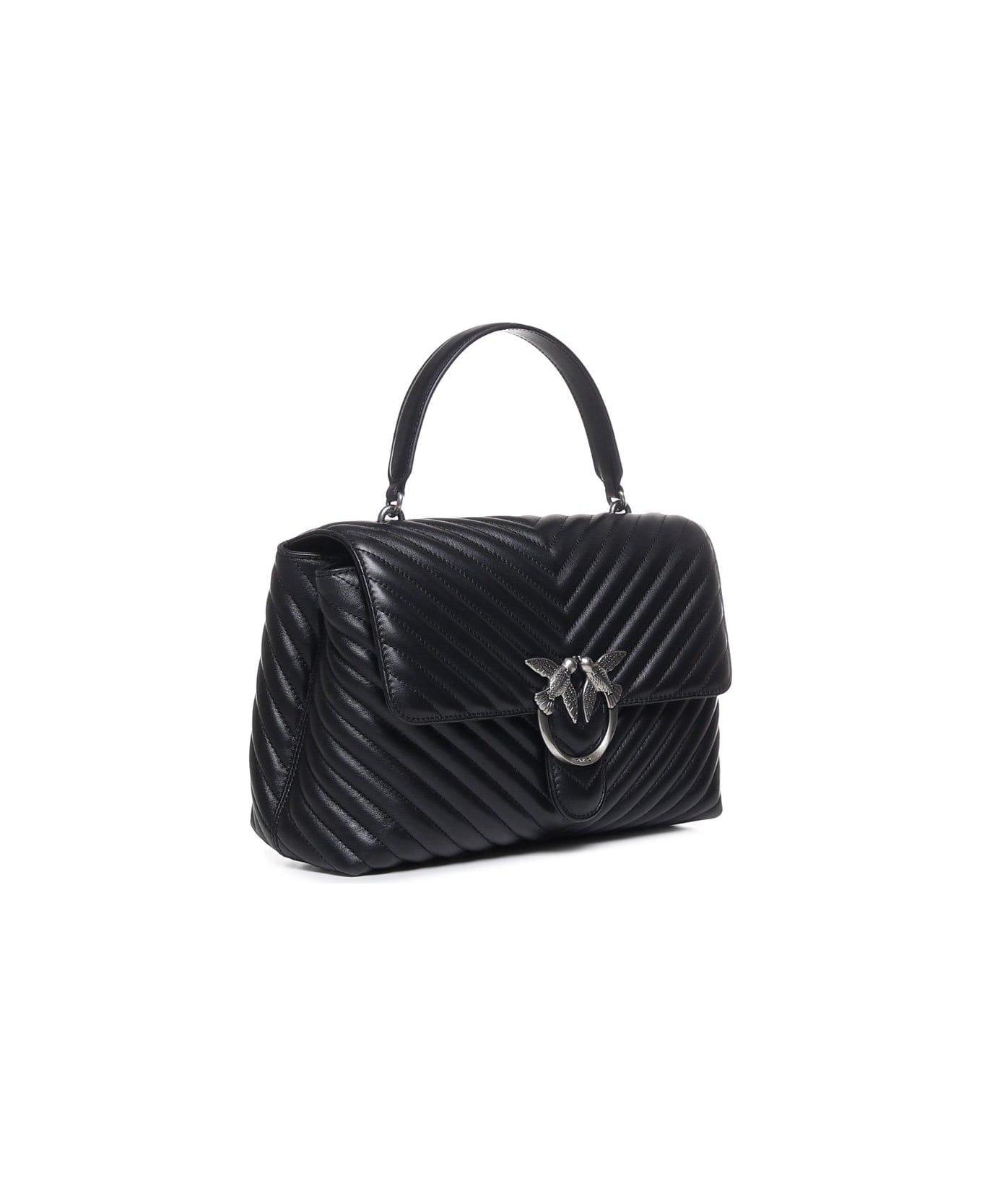 Pinko Love-birds Logo Plaque Quilted Shoulder Bag - NERO  OLD SILVER