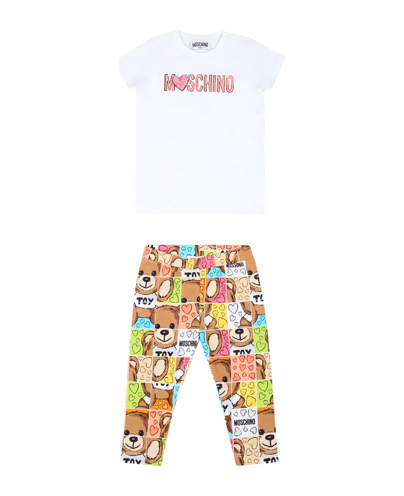 Moschino White Suit For Baby Girl With Teddy Bear And Logo - White