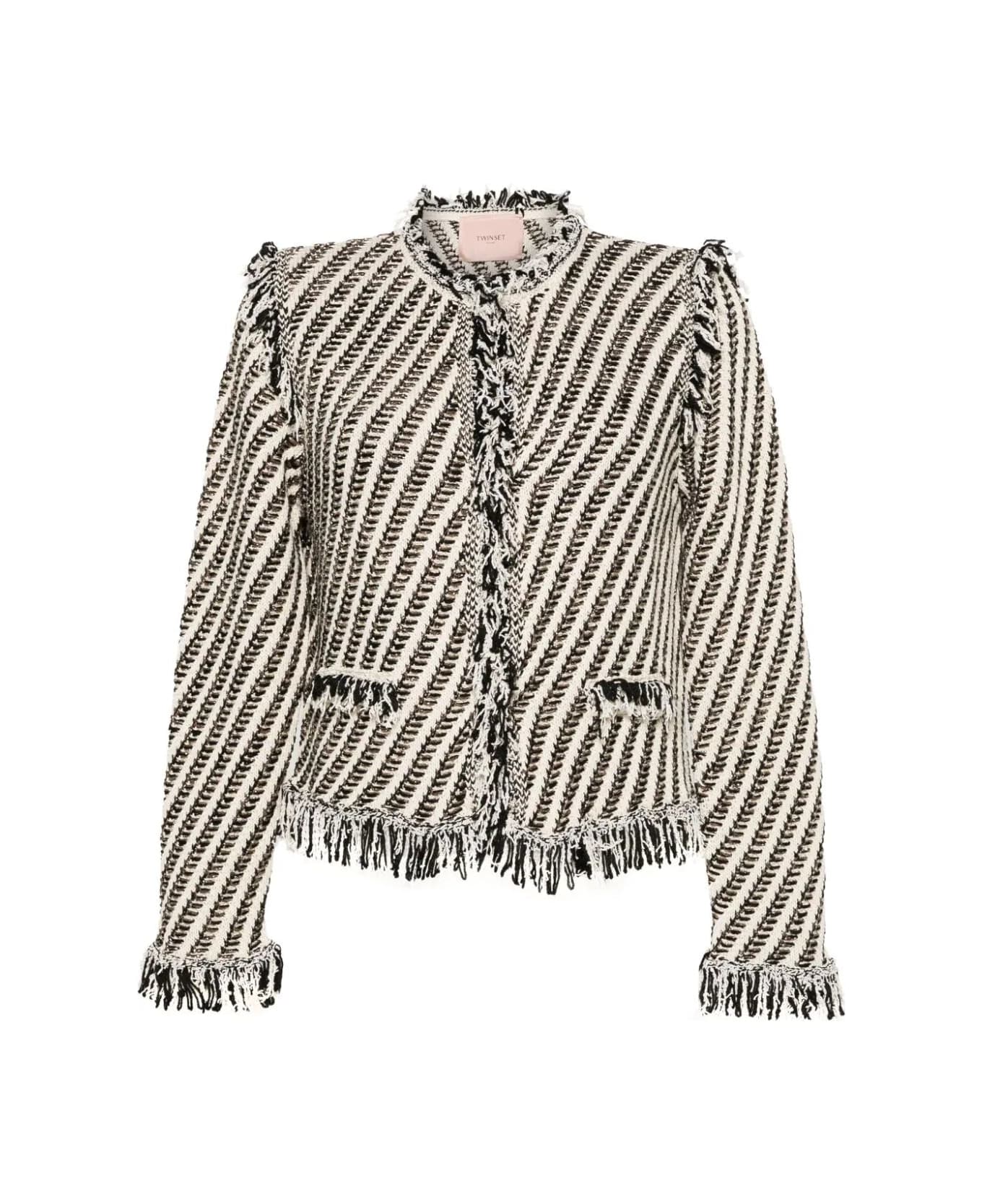 TwinSet Striped Jacket With Fringes - Jacquard Stripes Snow Black Lurex