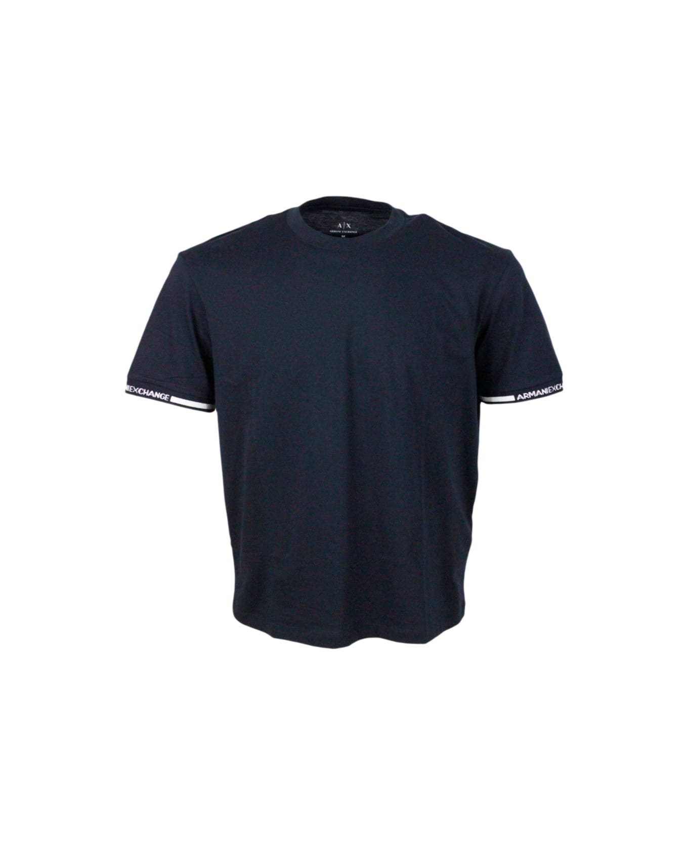 Armani Collezioni Short-sleeved Crew-neck T-shirt With Logo On The Sleeves - Blue シャツ