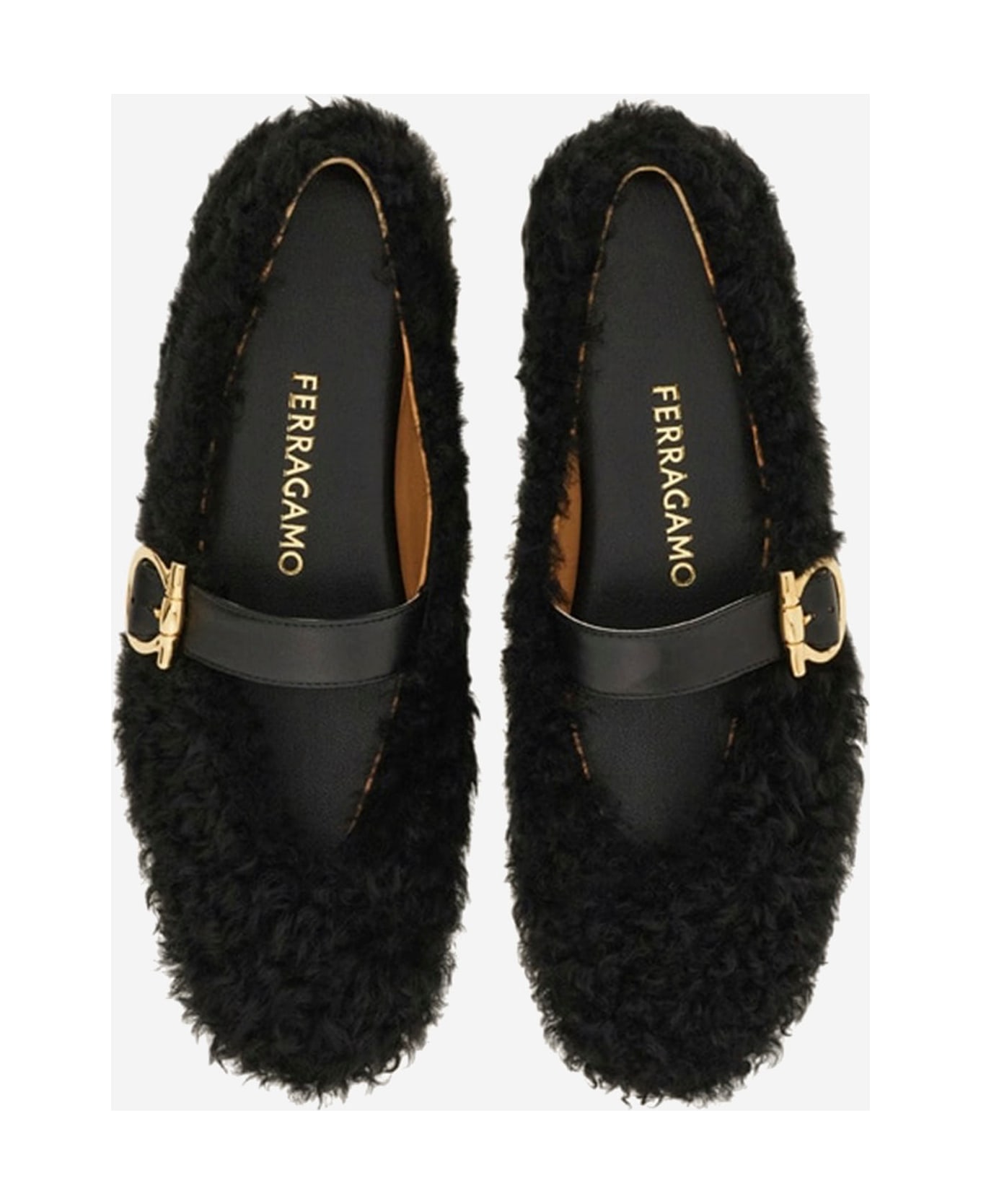 Ferragamo Gancini Ornamental Ballet Flats In Shearling - Black